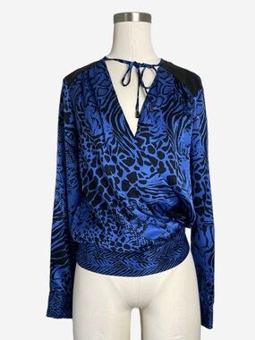 Caché Blue silk zebra snake print faux wrap blouse faux leather patch Mobwife S